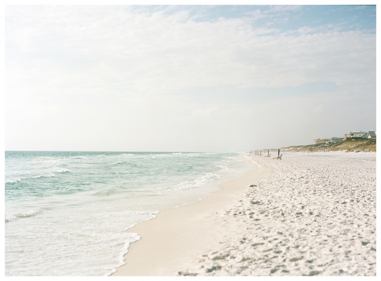 Seaside FL, white sand blue ocean beach facing Watercolor FL portra 400